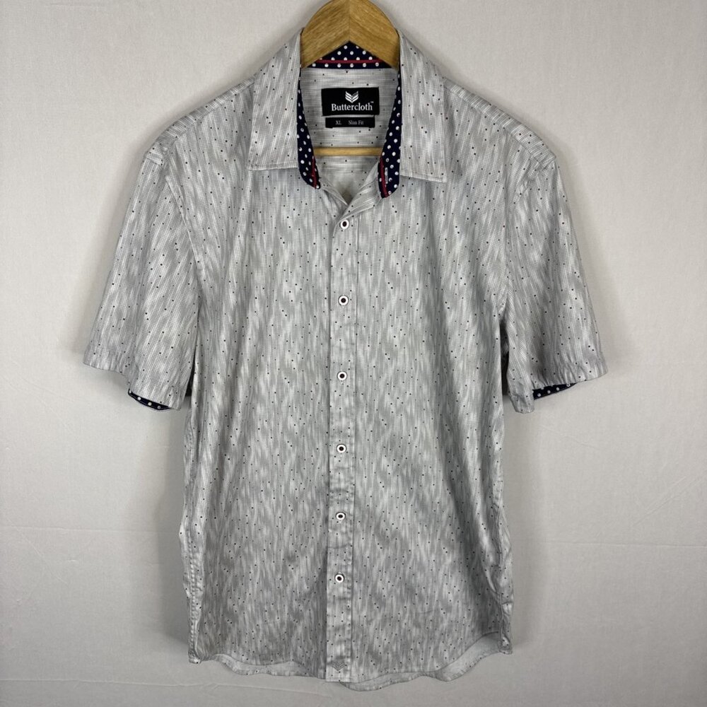 Buttercloth Slim‎ Fit Short Sleeve Shirt Men’s XL White Micro Dot Stretch